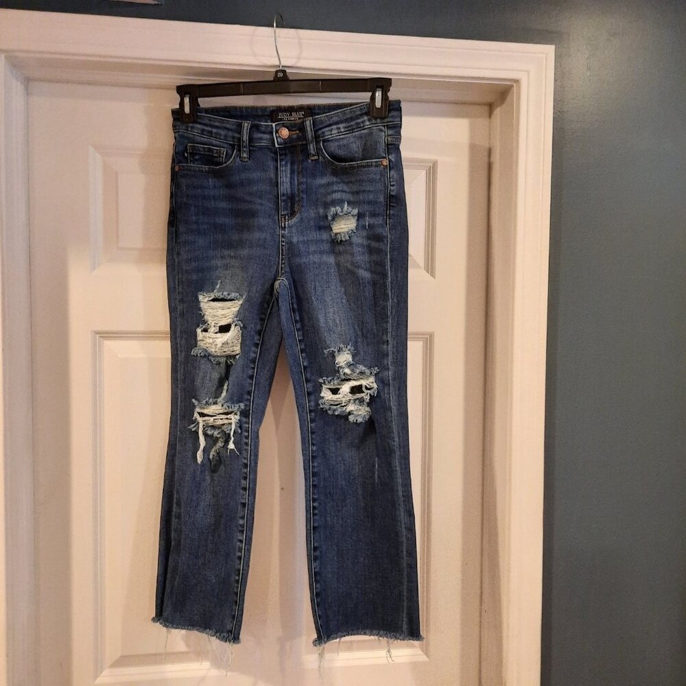 Judy Blue Jeans Womens 7/28 Mid Rise Straight‎ Crop Distressed Raw Hem 24" Boho